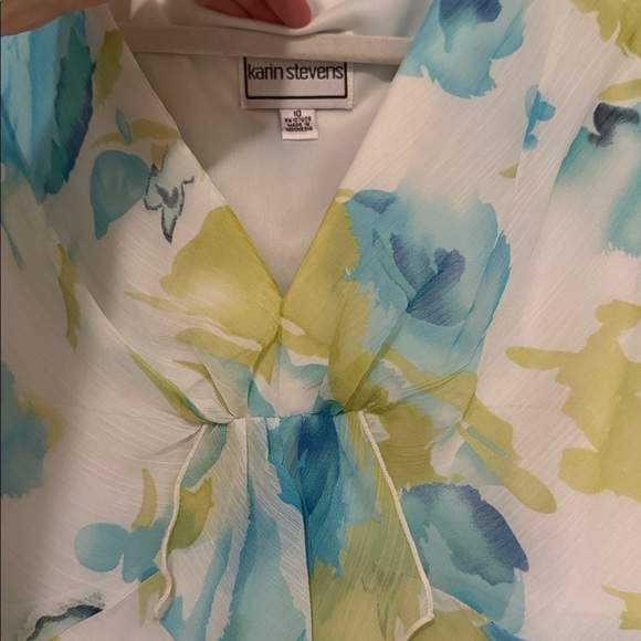 Karin Stevens blue green white vintage dress ruffle midi - Picture 2 of 5